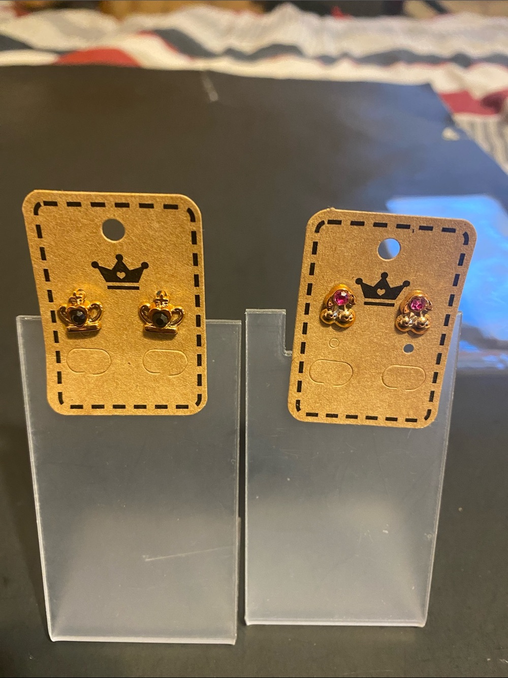 Kids Gold-tone Crown Stud Earrings with Pink Gem Accent